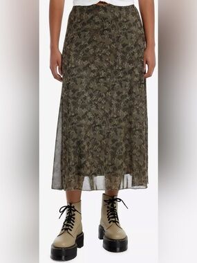 SOCIAL COLLISION Olive Skeleton Floral Midi Skirt Size L